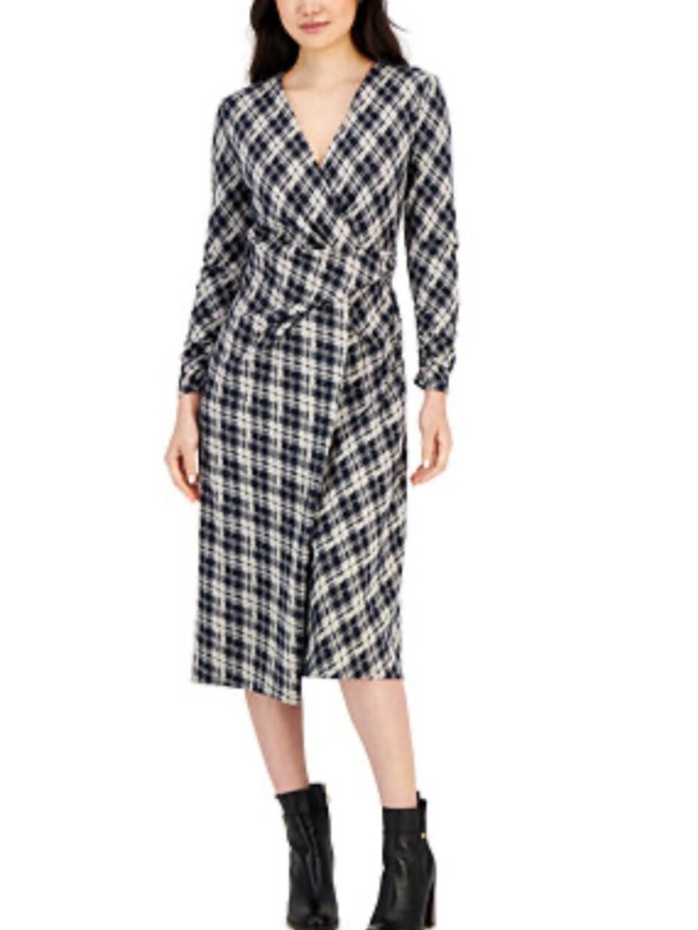 NWT Tommy Hilfiger Navy and White Jacquard Argyle Long Sleeve Wrap Dress Size M